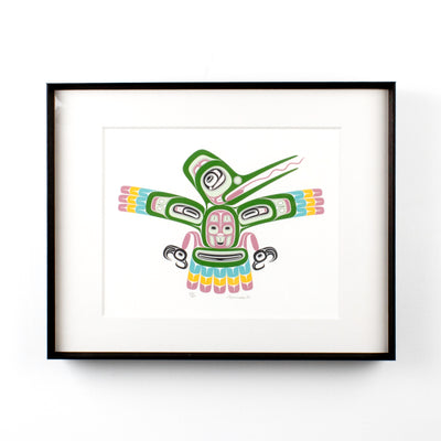 Hummingbird Art Print with vibrant colours showcasiesing the vibrance of hummingbirds in formline. Framed in Black Frame.