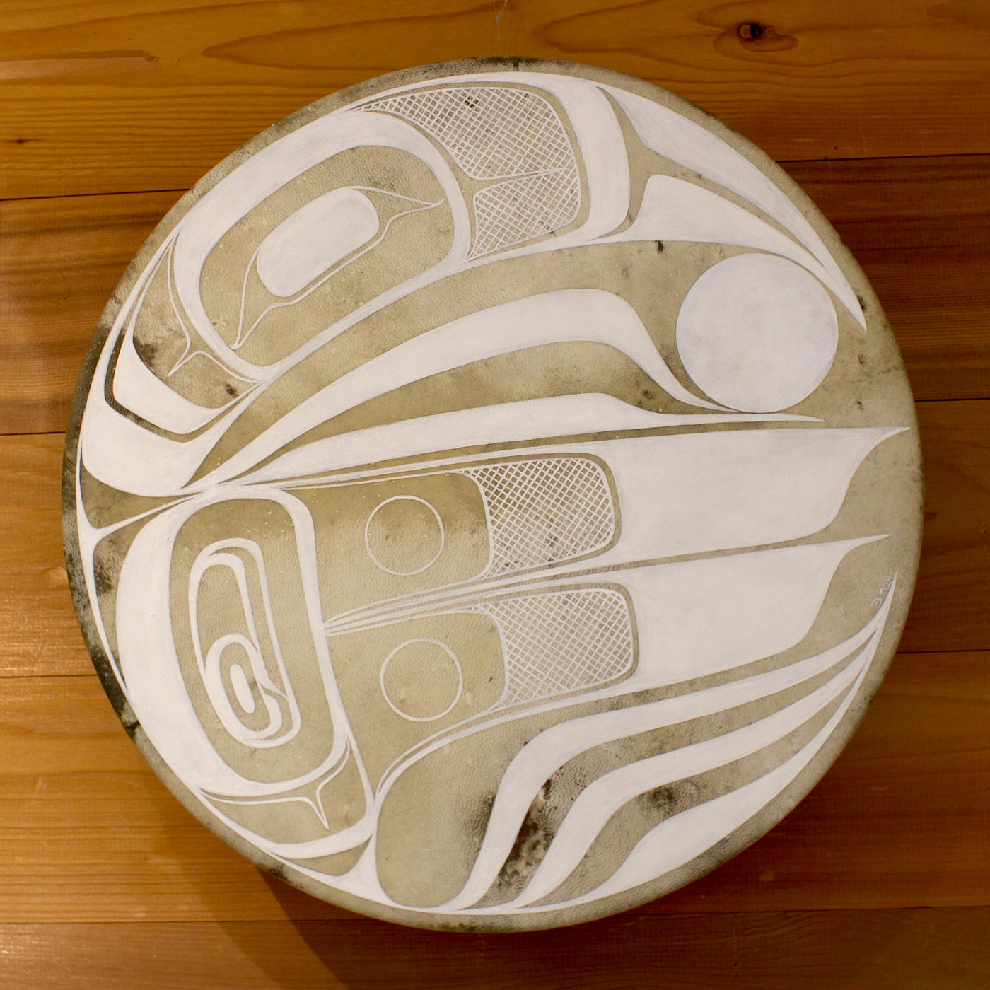 Yáahl Gaadaas (White Raven) Drum by Danielle Louise Allard (Haida)