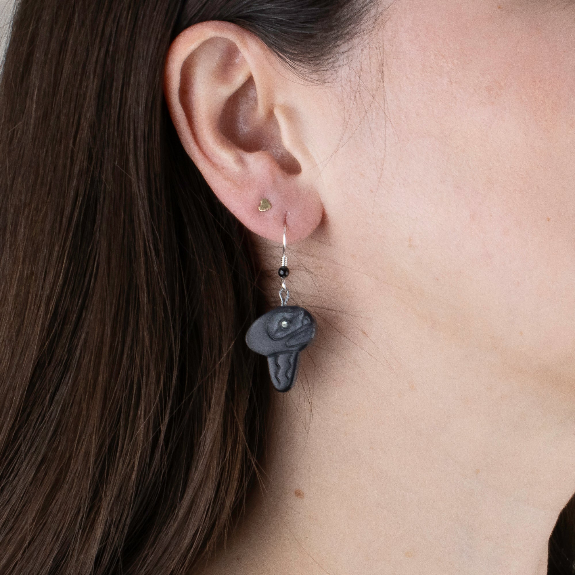 Argillite Jellyfish earrings with  abalone inlay, and Shepard hooks with small black bead