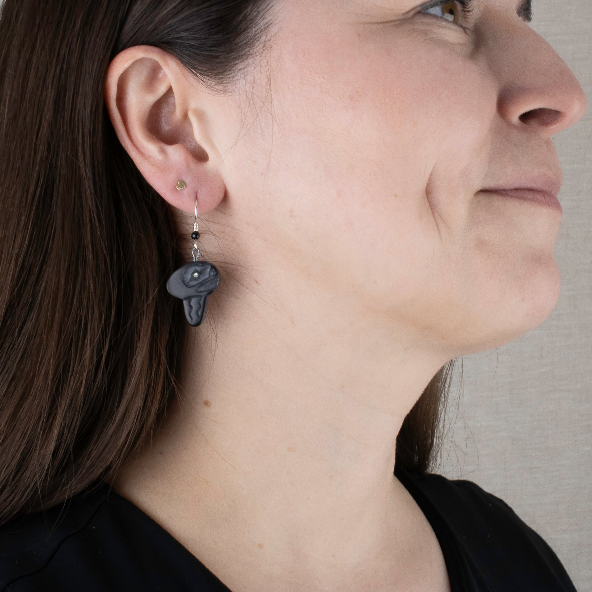 Argillite Jellyfish earrings with  abalone inlay, and Shepard hooks with small black bead