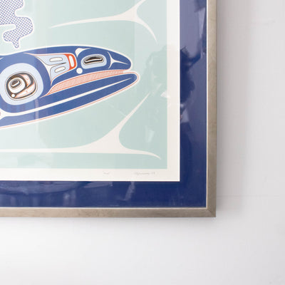 Close-up of the corner of a blue whale framed artwork