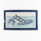 Framed artwork of a stylized Haida Formline Whale swimming through the water with abstract patterns on a white background