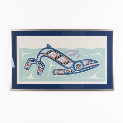 Framed artwork of a stylized Haida Formline Whale swimming through the water with abstract patterns on a white background