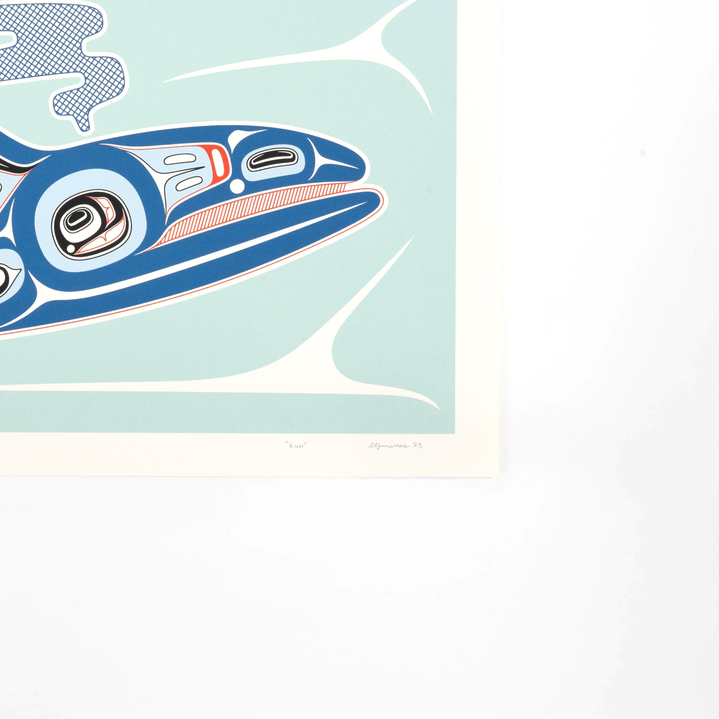 Kun (whale) Fine art print, showcasing a whale swimming through the ocean in Haida Formline. Corner Close up