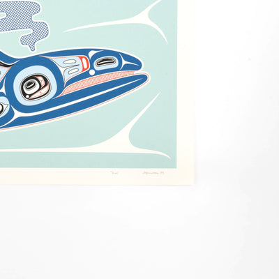 Kun (whale) Fine art print, showcasing a whale swimming through the ocean in Haida Formline. Corner Close up