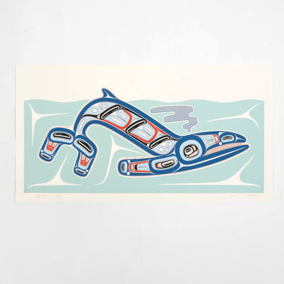 Kun (whale) Fine art print, showcasing a whale swimming through the ocean in Haida Formline. Showing unframed