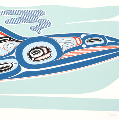 Kun (whale) Fine art print, showcasing a whale swimming through the ocean in Haida Formline. A Decorative design of a stylized fish with abstract patterns on a light blue background