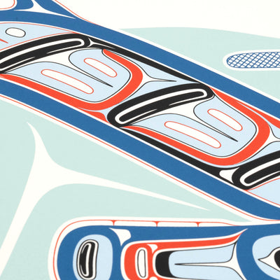 Close-up of a stylized design with geometric shapes on a light blue background of Kun (whale) Fine art print, showcasing a whale swimming through the ocean in Haida Formline. Set in an Interior design