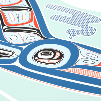 Kun (whale) Fine art print, showcasing a whale swimming through the ocean in Haida Formline. Set in an Interior design