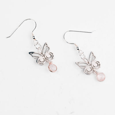 Butterfly-shaped earrings with pink gemstones on a white background