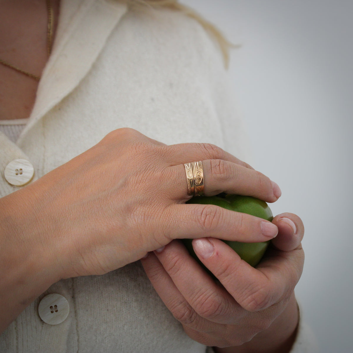 Narrow 14K Gold Hummingbird Wrap Ring by James Sawyer (Haida)