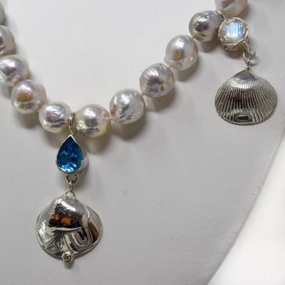 Freshwater Pearl Necklace with Sterling Silver Clamshells, Salmon Bone Vertebraes, Faceted Moonstone, Blue Topaz & Diamond by Morgan Asoyuf