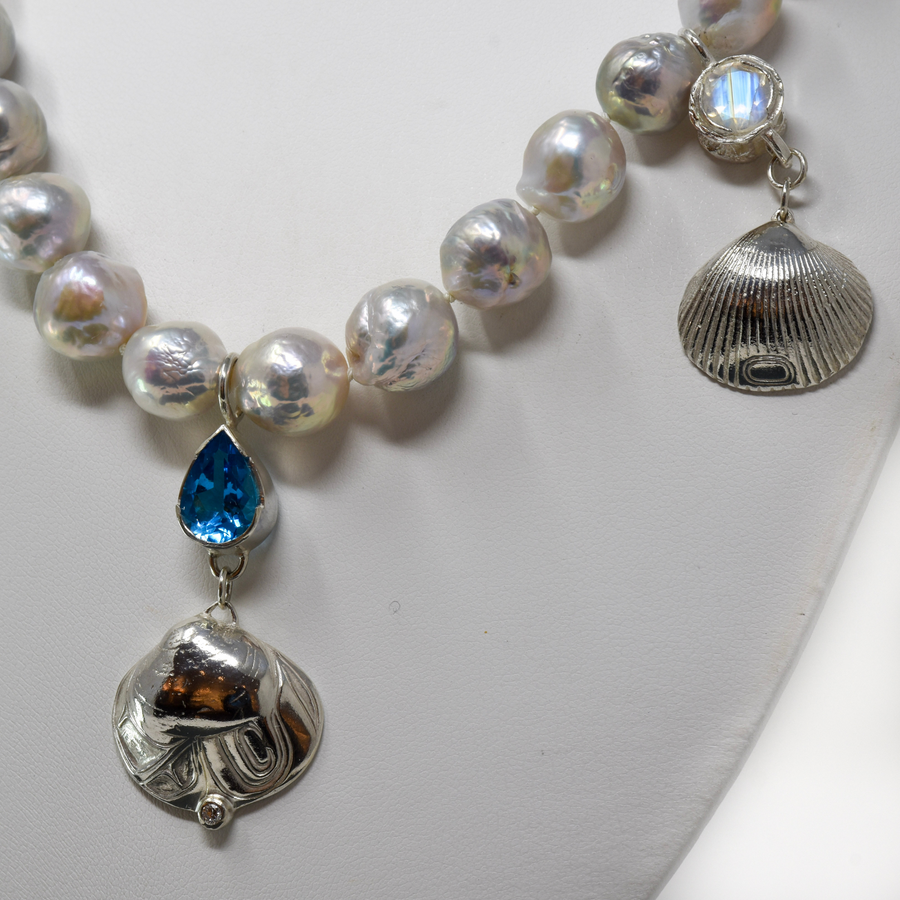 Freshwater Pearl Necklace with Sterling Silver Clamshells, Salmon Bone Vertebrae, Faceted Moonstone, Blue Topaz & Diamond