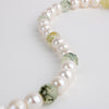 Hand beaded Freshwater Pearl & Prehnite necklace showing close up of the elegant beads