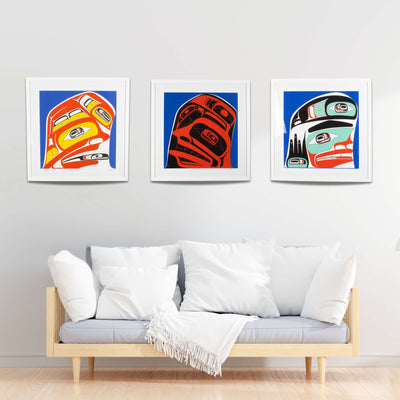 International acclaimed Haida artist Reg Davidson three finned series with wood couch and white pillows