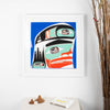 Reg Davidson Three Finned art print, framed in a white frame, displayed in a room.