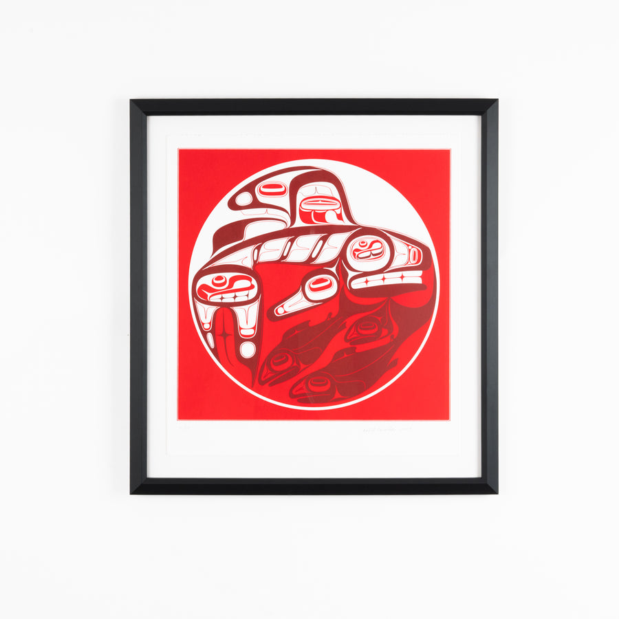 Killer Whal and Salmon fine Art Print by Haida artist Robert Davidson created in 2009 framed with black wood and conservation glass