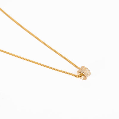Gold necklace with a small salmon Bone Vertebrae a pendant on a white background gold chain