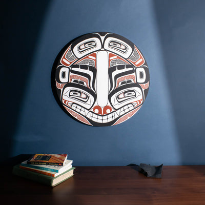 Sea Grizzly panel by Local Haida Gwaii artist Shoshannah Green hand painted on wood. In traditional black red and white in a dramatic interior design set up