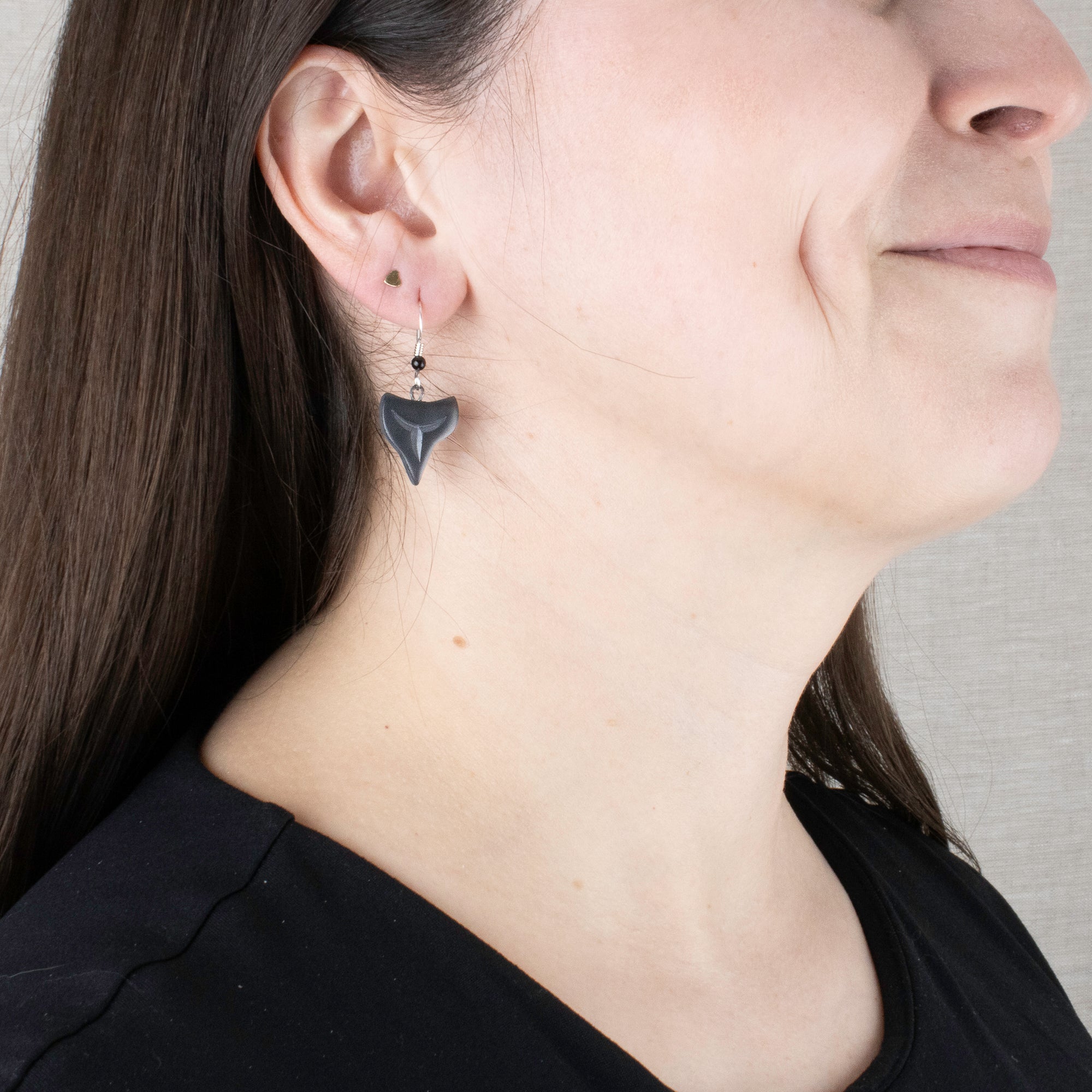 Argillite Shark tooth earrings with  Shepard hooks with small black bead