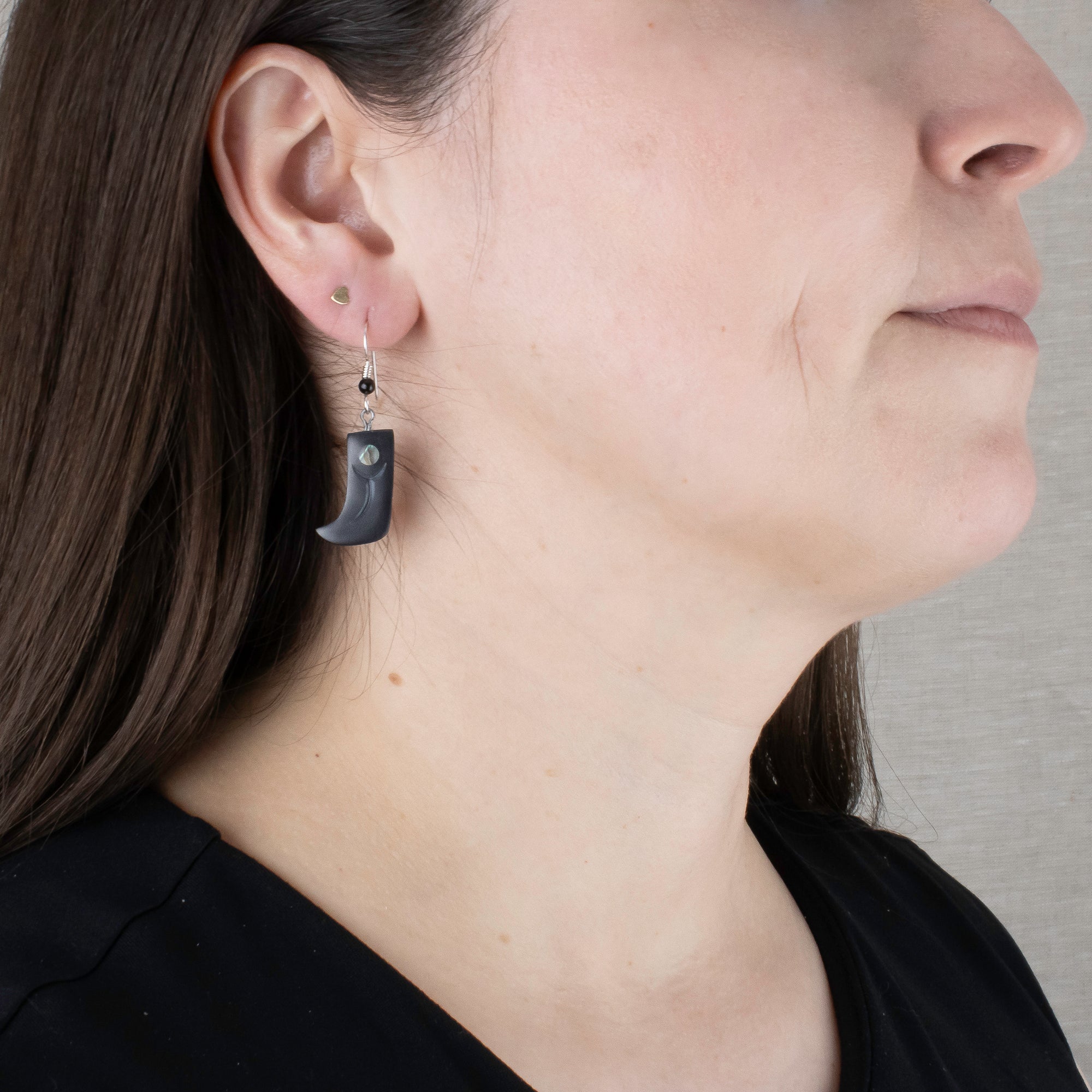 Small and Large argillite bear claw earrings with abalone inlay, and  Shepard hooks with small black bead