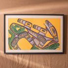 Framed abstract artwork with green, purple, and gray elements on a yellow background
