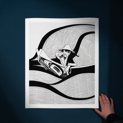 Haida Illustration of a person in a boat on wavy ocean lines by Haida artist award winner Shoshannah Greene held by a hand against a dark blue background