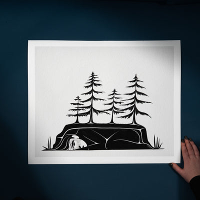 Art print with Black silhouette of a woman with trees growing from her on a white background by Haida Artist Shoshannah Greene with hand for size Ratio