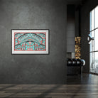 Colorful abstract formline chiefs chair design with geometric haida patterns  framed on a white background