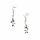 Sterling Silver Stud Earrings with chain dangles and a NOrthwest Coast style salmon charm on a white back ground by Ts'msyen artist Morgan Asoyuf