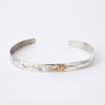 Sterling Silver Bracelet with flowers and a 14k gold hummingbird formline head made by first nations artist Agnes Seaweed Wisden