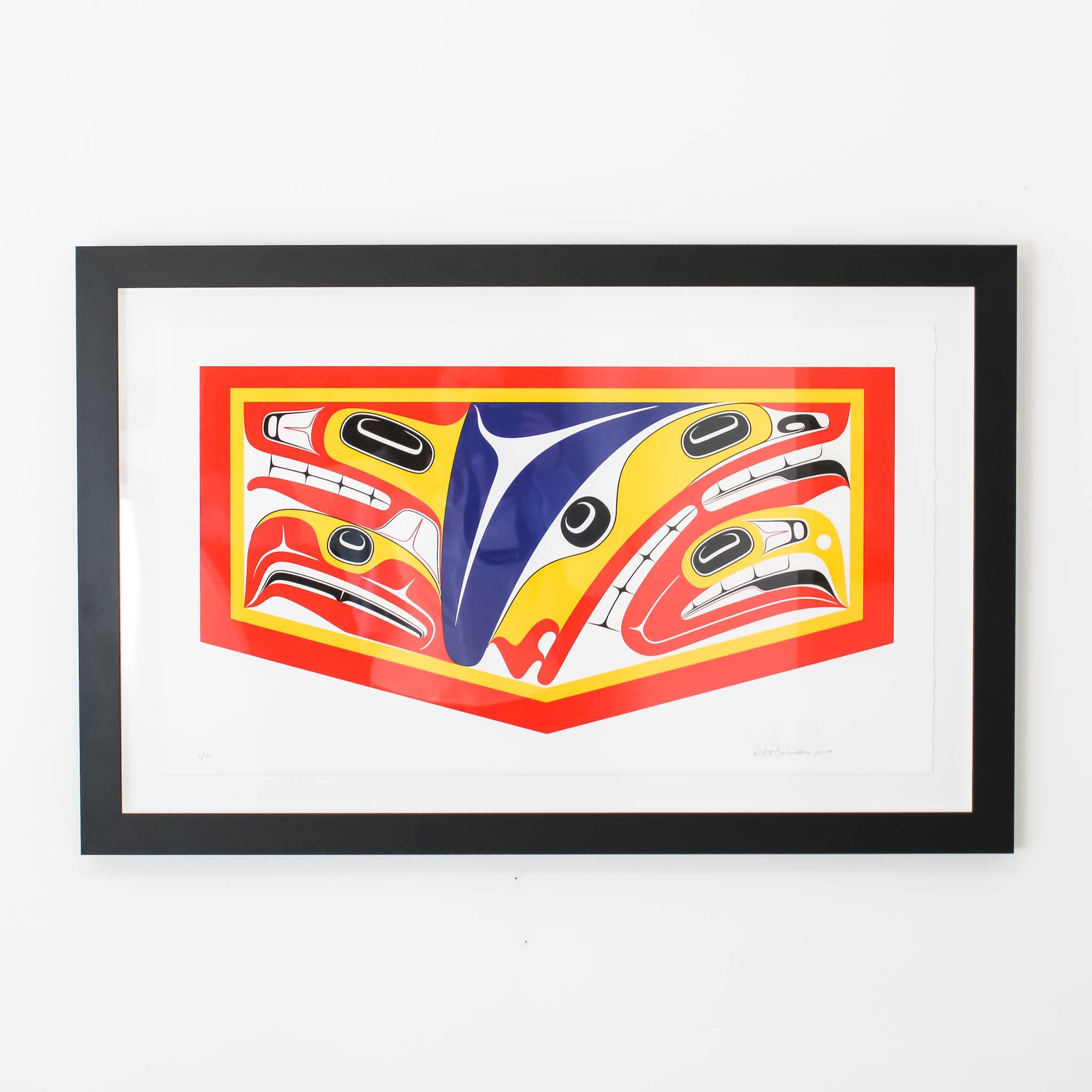 Fine art print by world renowned indigenous artist from Haida Gwaii Robert Davidson. Boldly featuring the supernatural beings around us, in a black modern frame