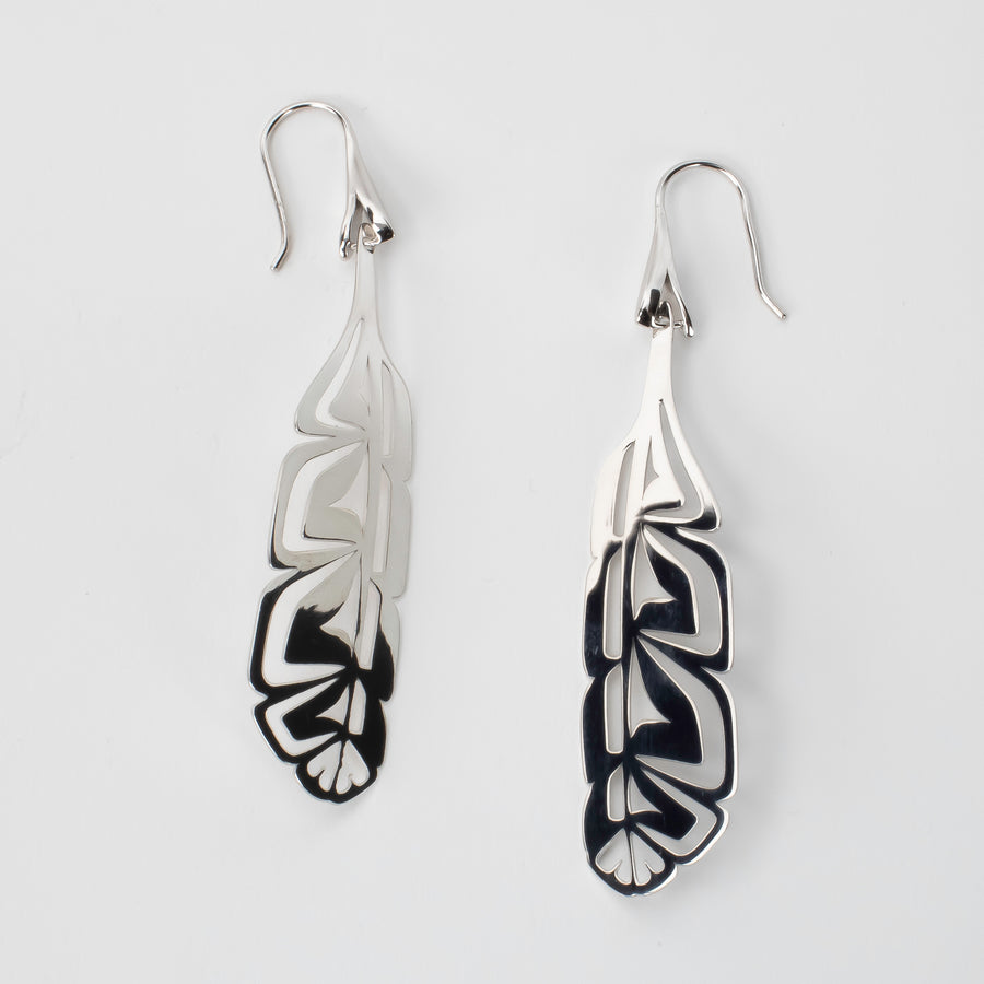 Laser engraved Sterling silver feather earrings, made by First nations artist