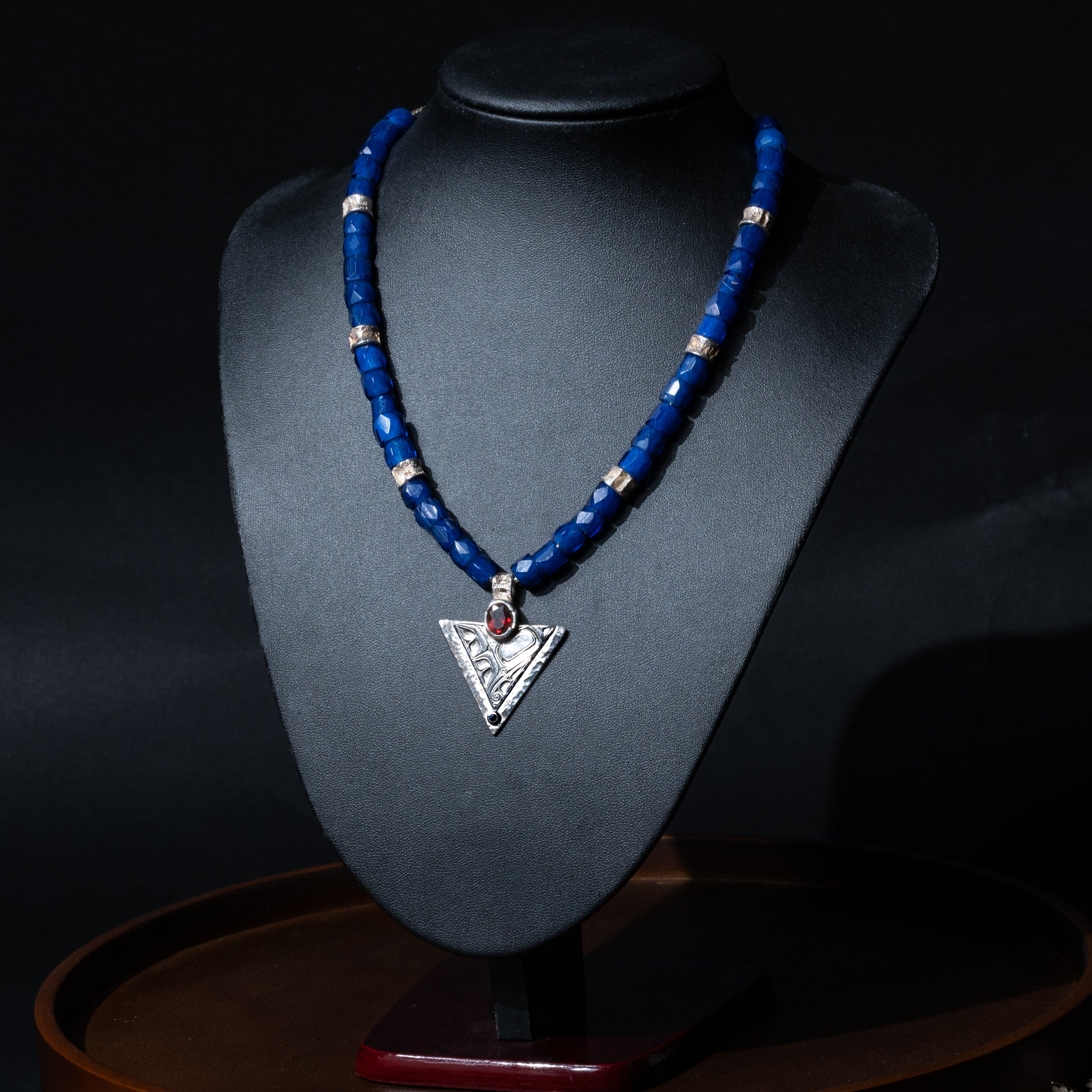 Hummingbird Necklace with Russian Blue Trade Beads, Garnet