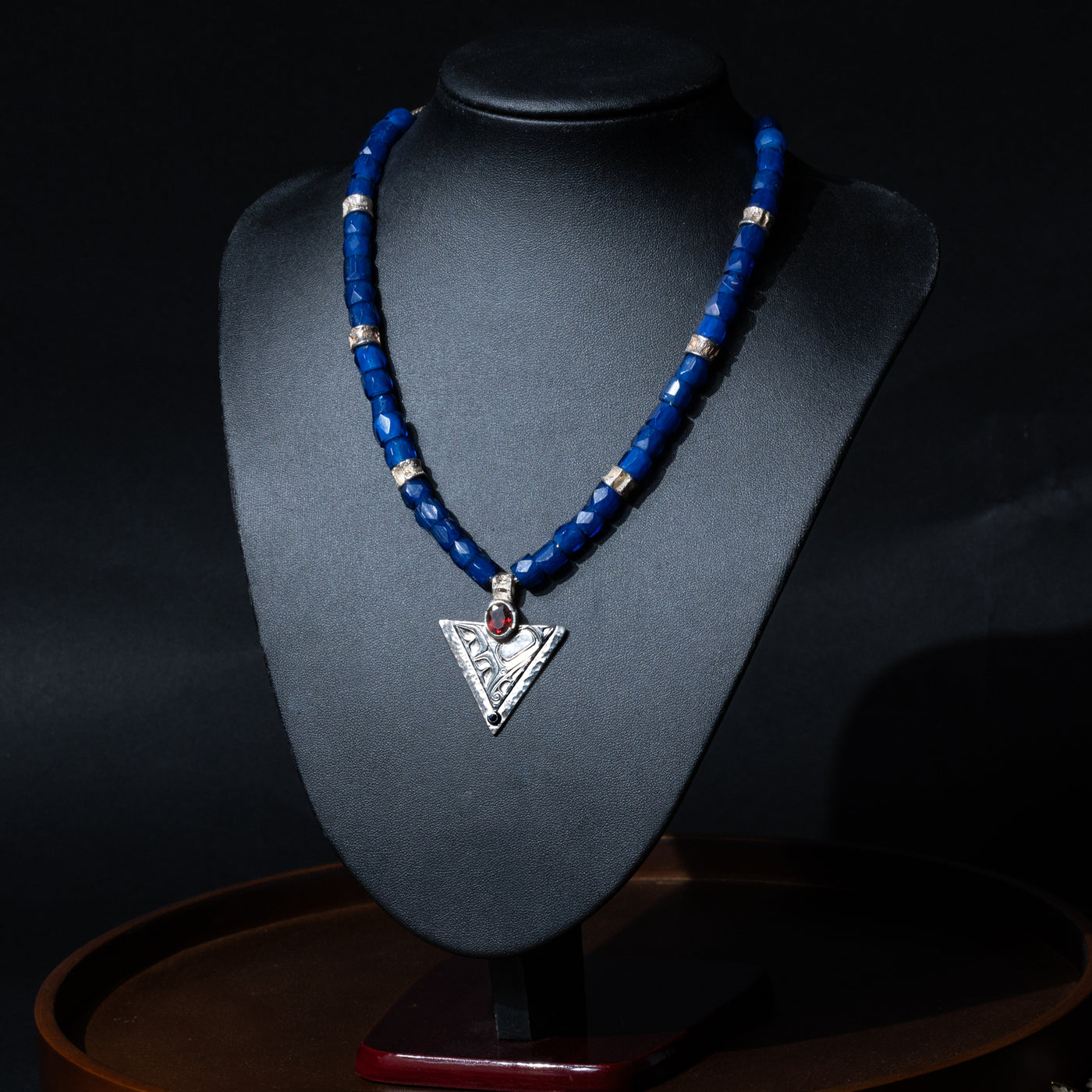 Hummingbird Necklace with Russian Blue Trade Beads, Garnet & Sapphire by Morgan Asoyuf (Ts'msyen)