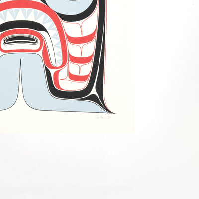 Haida Art print featuring supernatural being Dogfish mother. with bold red and black, and soft blue hues to show contrast, corner with original signature