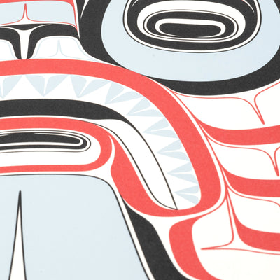 Haida Art print featuring supernatural being Dogfish mother. with bold red and black, and soft blue hues to show contrast, framed in a driftwood was frame close up