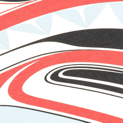 Haida Art print featuring supernatural being Dogfish mother. with bold red and black, and soft blue hues to show contrast, framed in a driftwood was frame