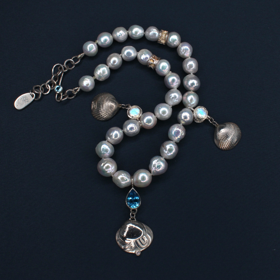 Freshwater Pearl Necklace with Sterling Silver Clamshells & Salmon Bone Vertebrae by Morgan Asoyuf (Ts'msyen)