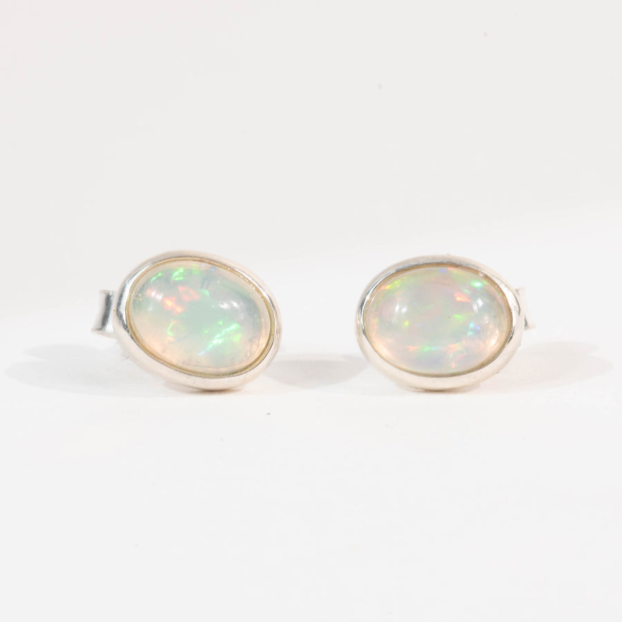 Pair of opal stud earrings on a white background