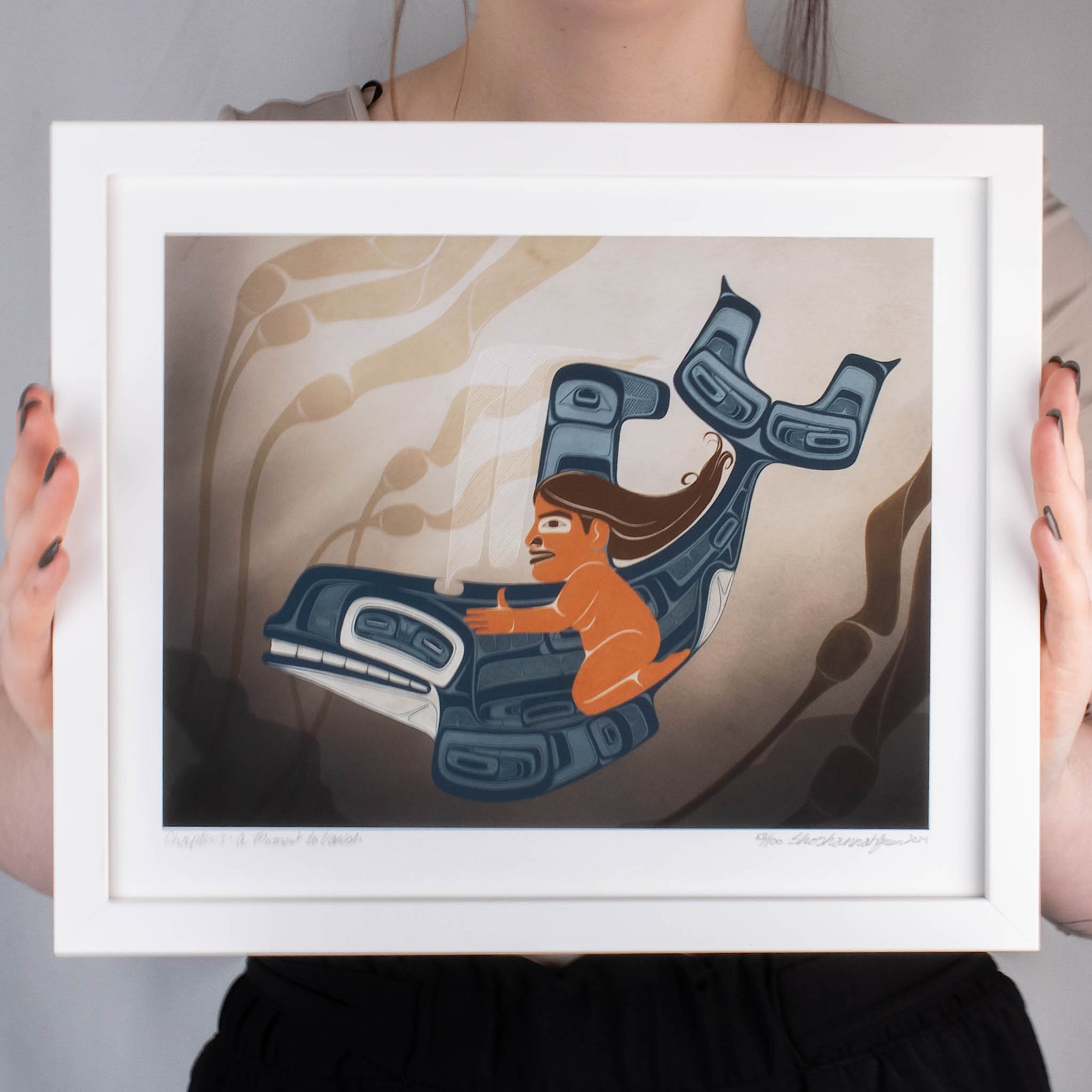 A moment to Vanish Chapter one. the first in a series and a gallery exclusive it features a women rinding through a kelp bed on an killer whale. In soft blues and browns: Framed in a white frame with conservation glass