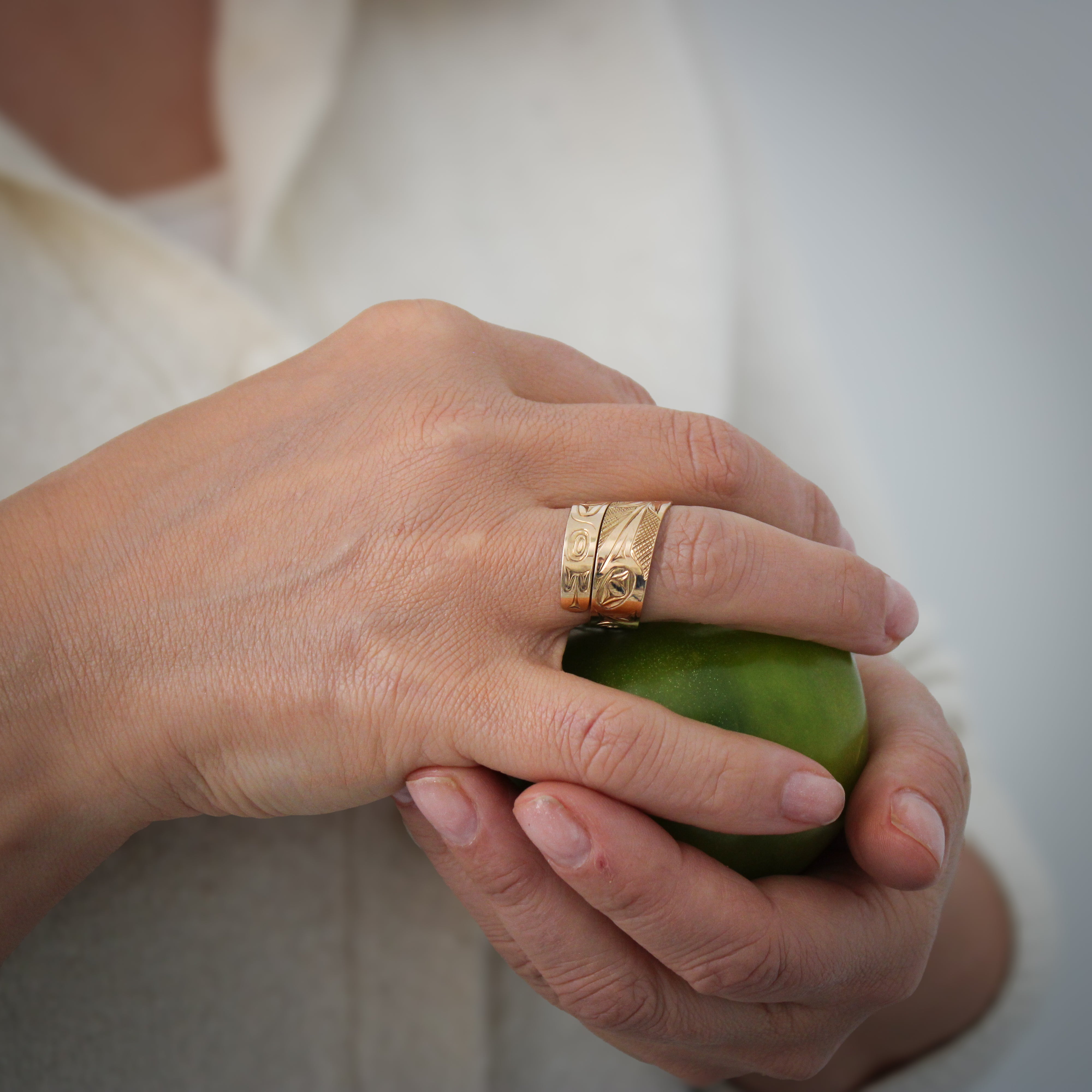 Wide 14K Gold Hummingbird Wrap Ring by James Sawyer (Haida)