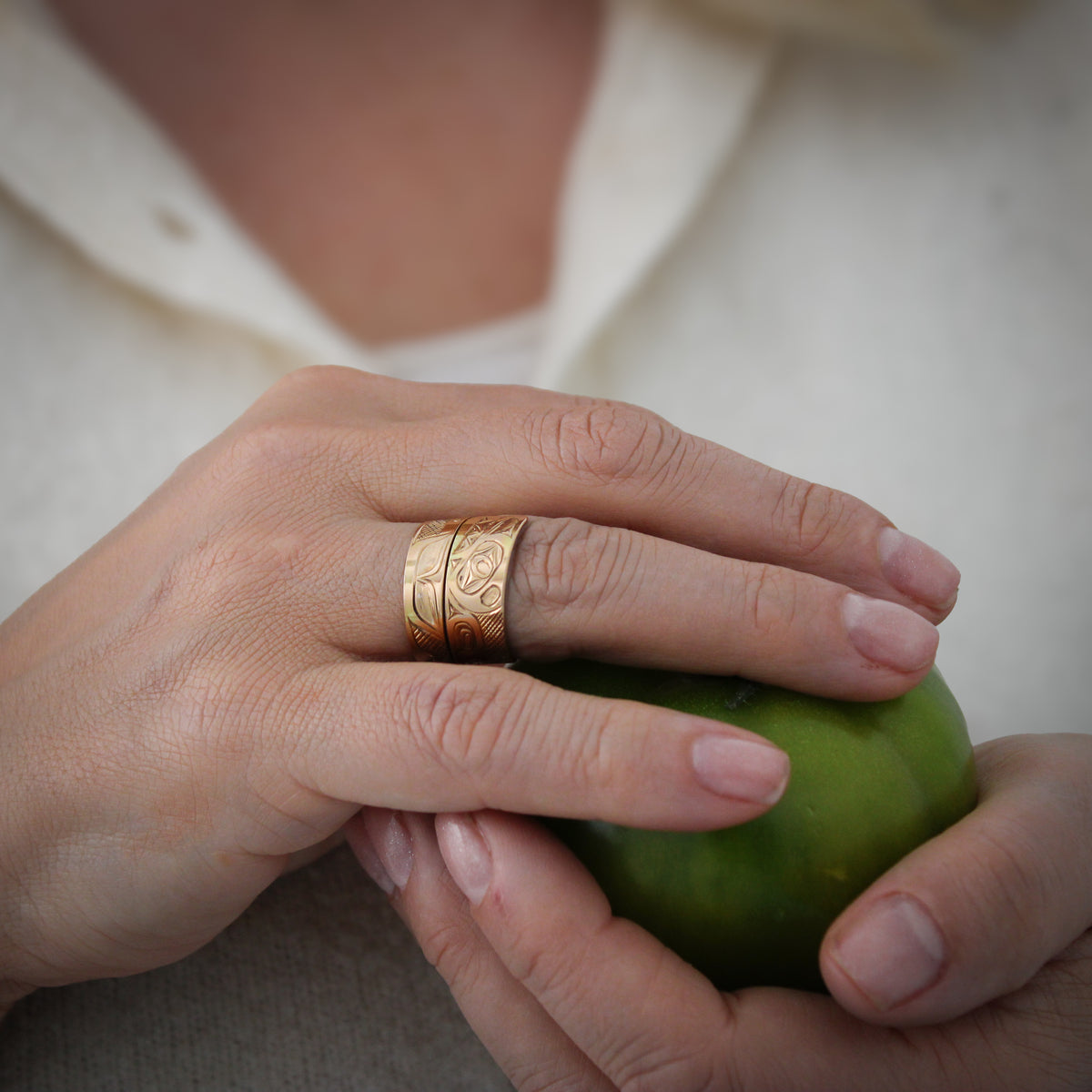Wide 14K Gold Orca Wrap Ring by James Sawyer (Haida)