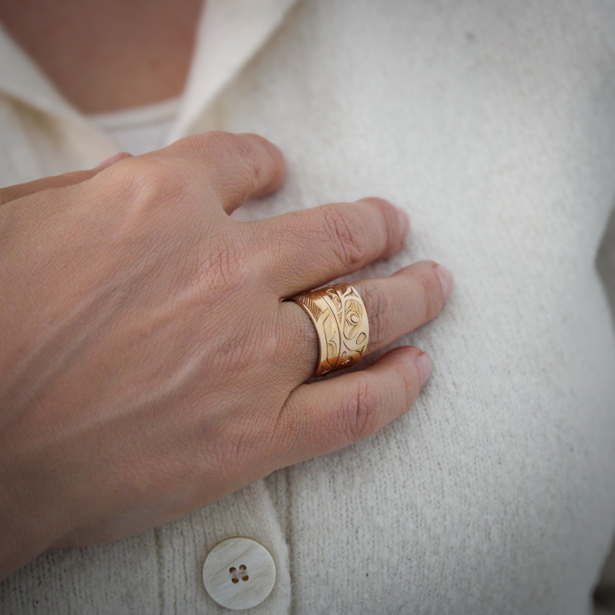Wide 14K Gold Orca Wrap Ring by James Sawyer (Haida)