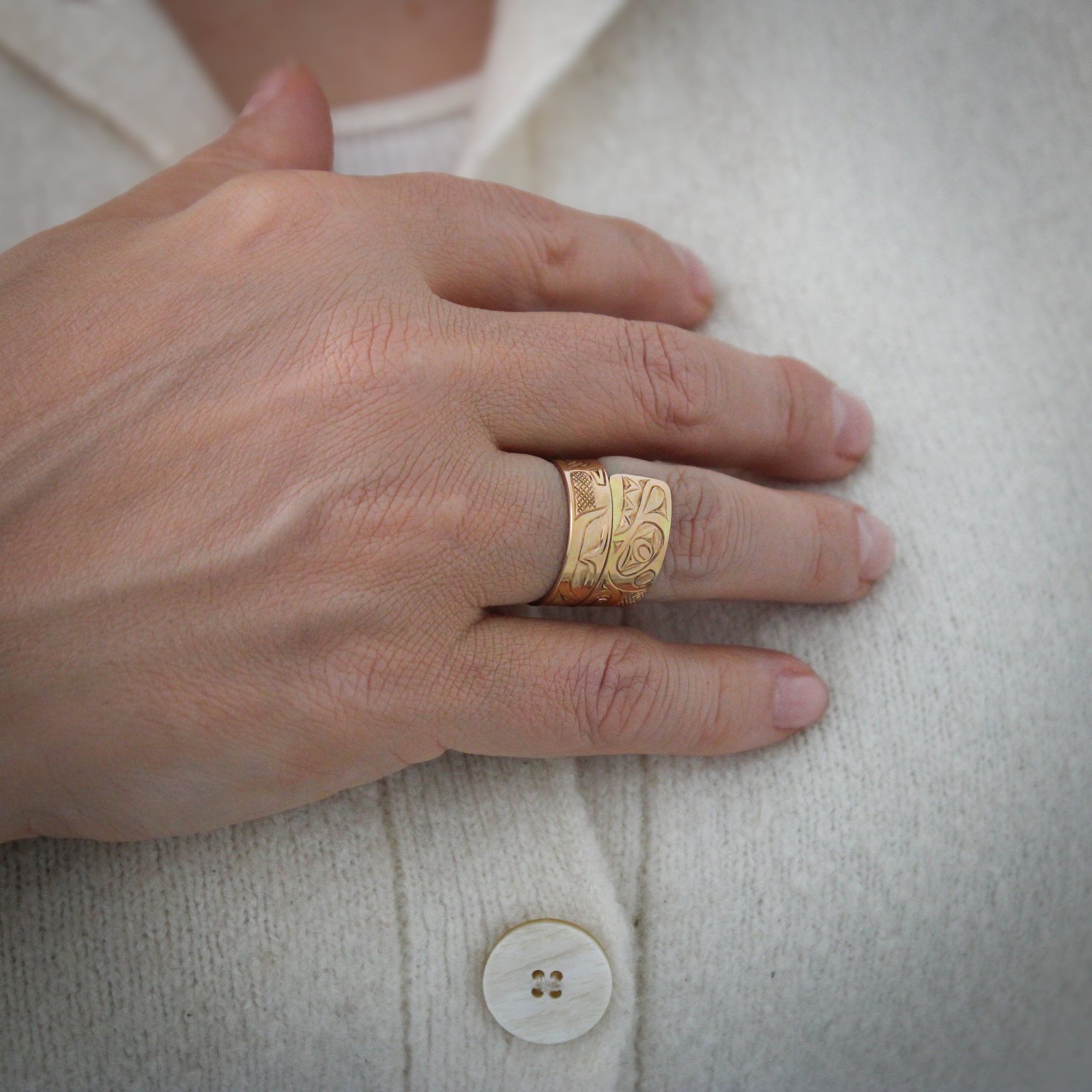 Wide 14K Gold Orca Wrap Ring by James Sawyer (Haida)