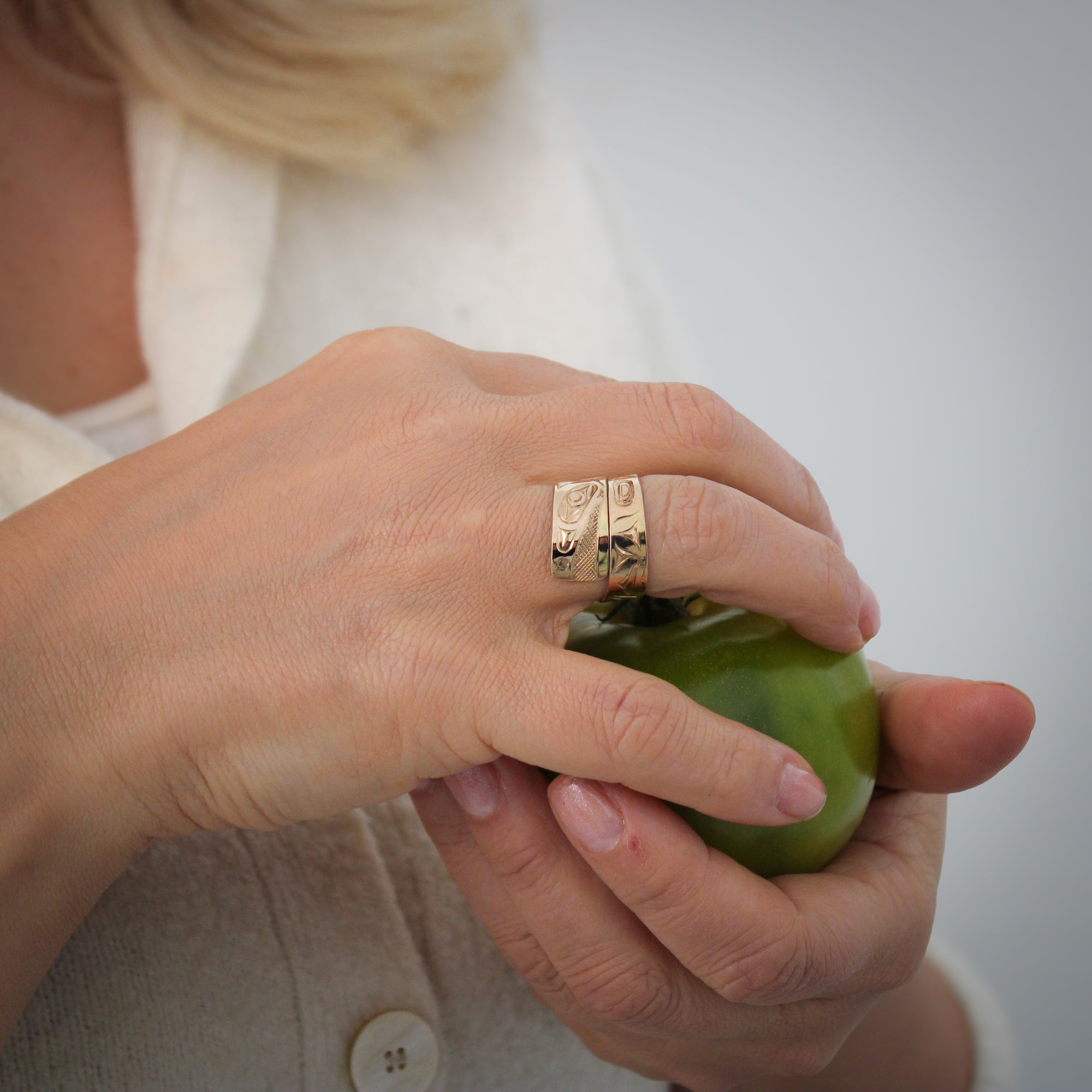 Wide 14K Gold Raven Wrap Ring by James Sawyer (Haida)