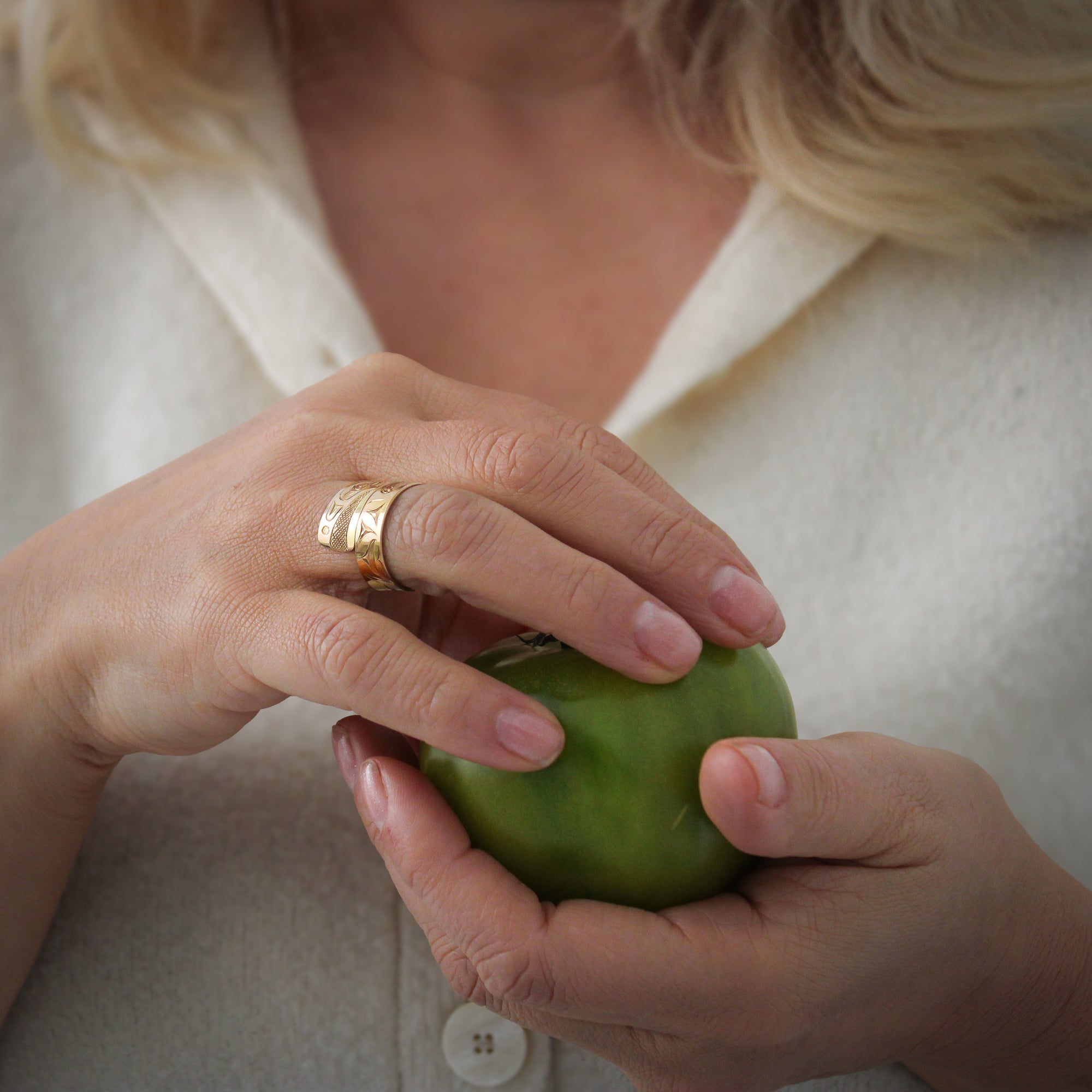 Wide 14K Gold Raven Wrap Ring by James Sawyer (Haida)