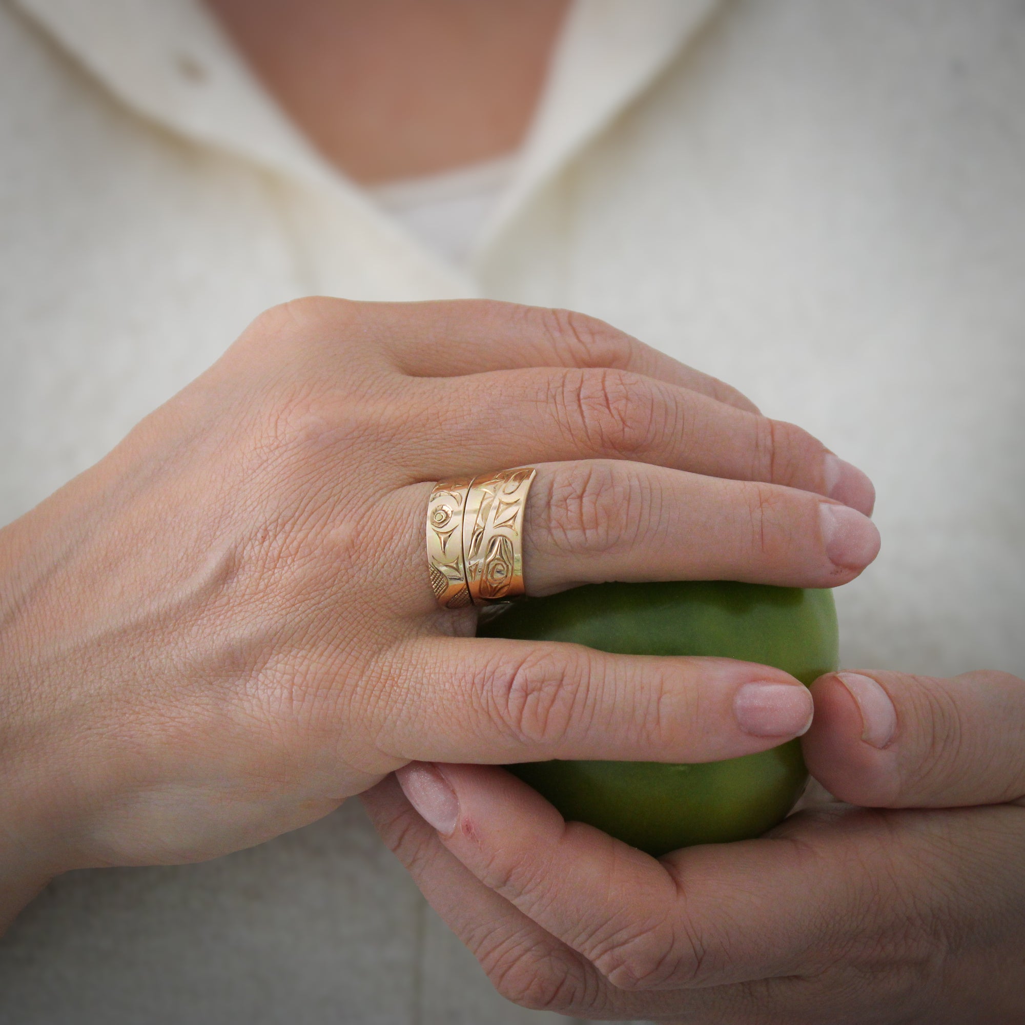 Wide 14K Gold Wolf Wrap Ring by James Sawyer (Haida)