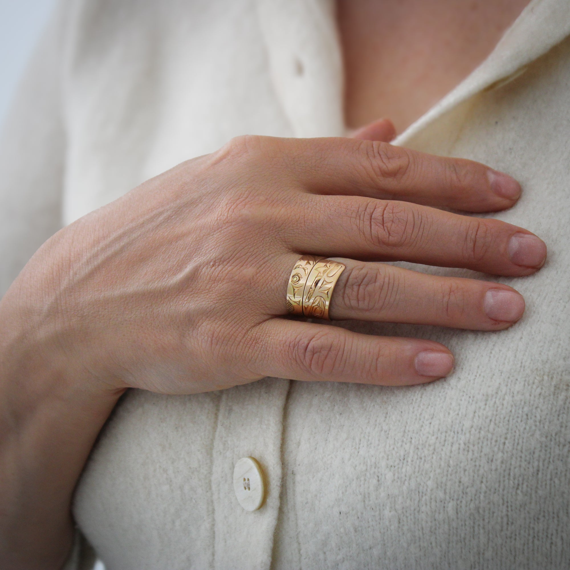 Wide 14K Gold Wolf Wrap Ring by James Sawyer (Haida)
