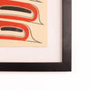Corner of Framed fine artwork of a stylized bird with red, green, and black colors on a beige background by Haida Artist Robert Davidson
